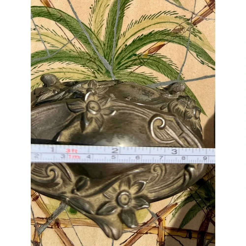 Vintage Art Nouveau Silver Tone Floral Footed Trinket Jewelry Box Teal Velvet